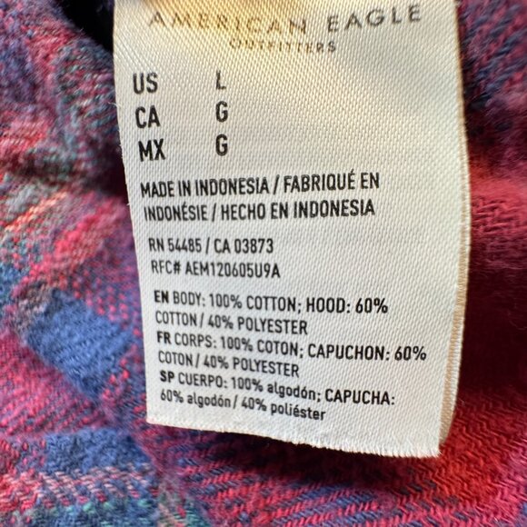 American Eagle Distressed Hooded Flannel Womens Large Red Navy Plaid Cabincore - Picture 8 of 9